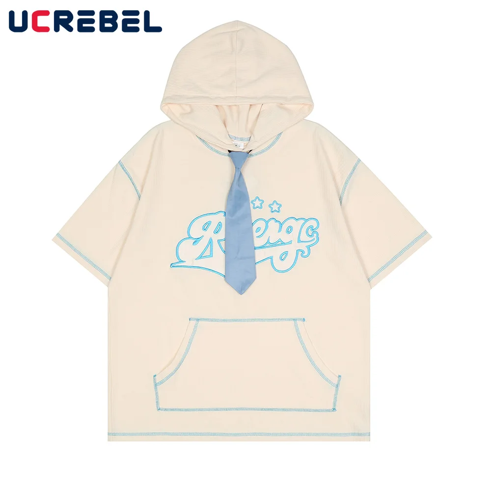 

Tie Letter Embroidery Short Sleeve Hooded T-shirt Mens Streetwear Loose Waffle Half-Sleeve Summer Casual Crew Neck Cotton Tee