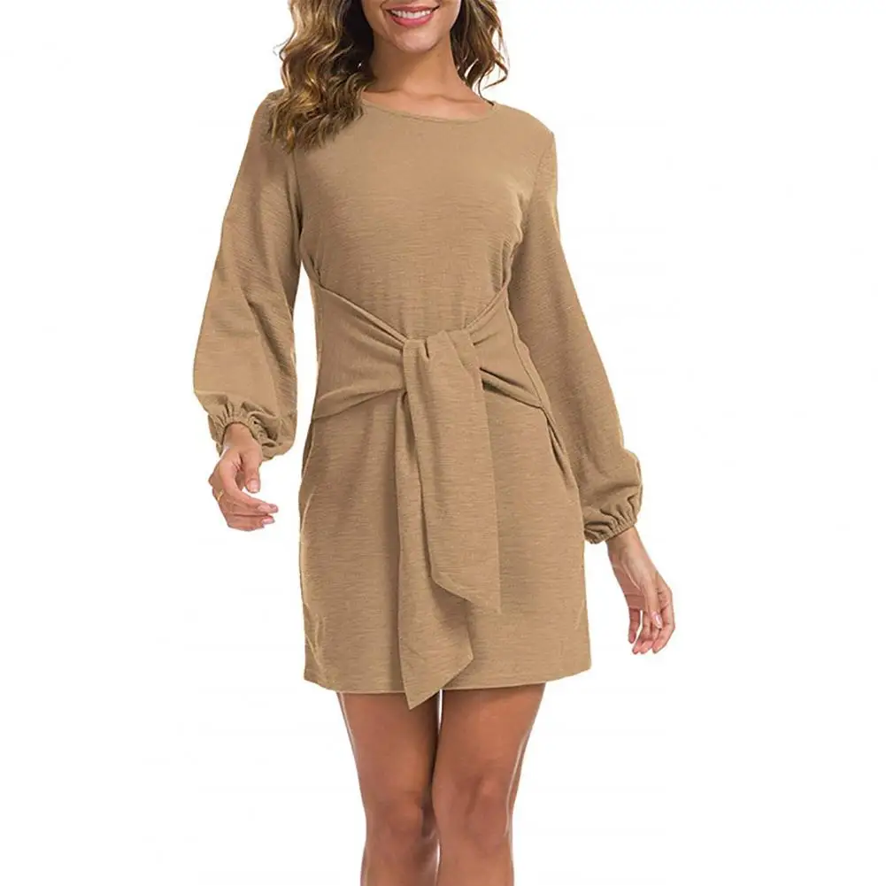 

Mini Dress Round Neck Tight Waist Elastic Cuffs Long Sleeves A-Line Spring Autumn Women Short Dress