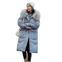 new women winter coat elegant loose white duck down jacket high quality fur hooded long overcoat thickened warm down