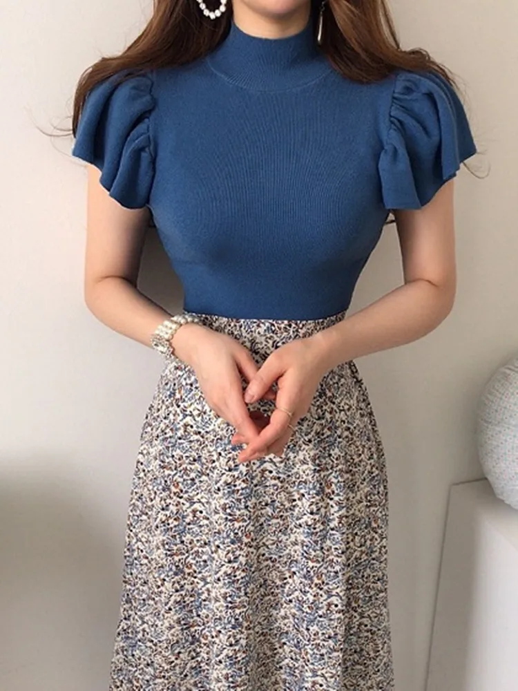 

ZRFTVCXKY Women Summer 2 Piece Skirt Suits Knitting Blue Tops + Printed Elastic Waist A-Line Skirt Fashion Vintage Matching Sets