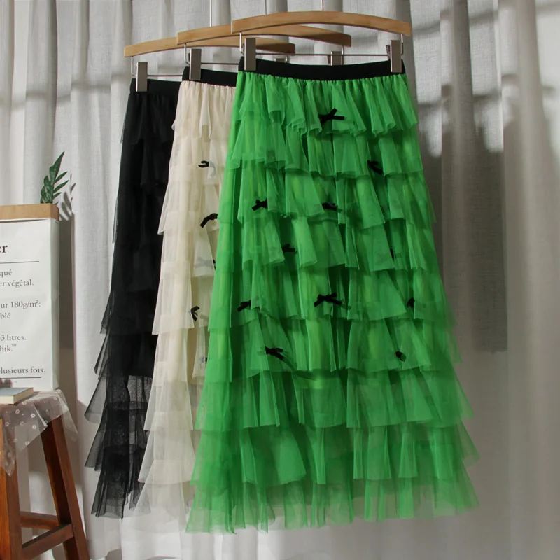 

Sweet Multi-layered Bow Mesh Cakee Long Skirt Elastic Waist Puffy Tiered A-line Ankle Long Tutu Tulle Skirts Green Beige