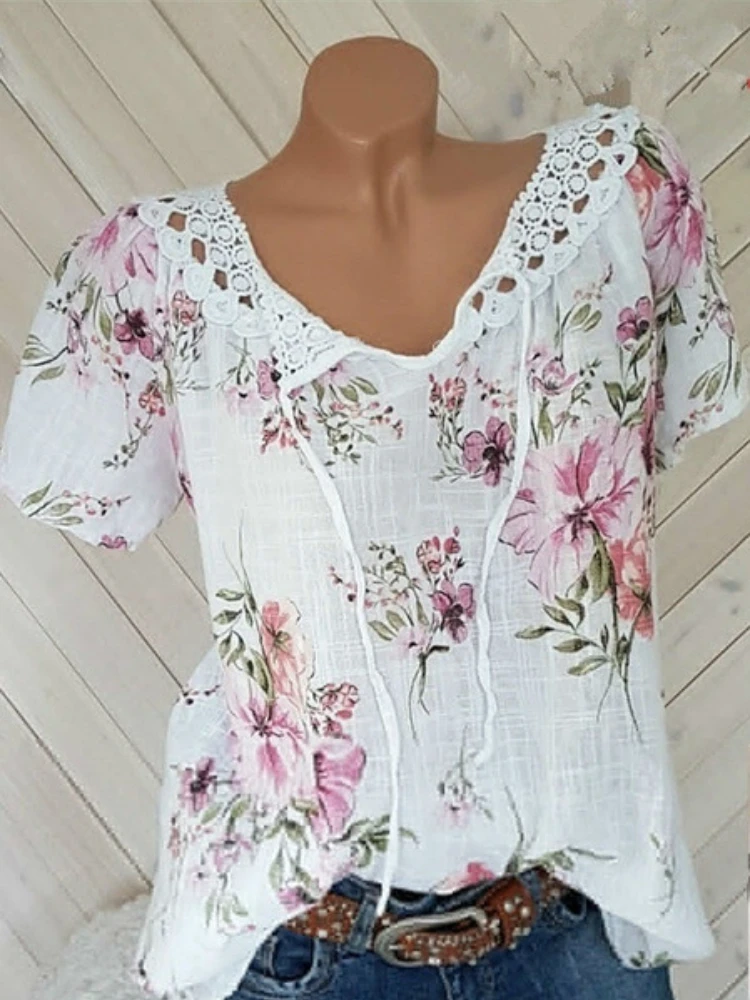 

Women Blouses Fashion Lace V-neck Short Sleeve Lace Up Floral Print Blouses Tops T-Shirts Casual Summer Lace Stitching Shirts