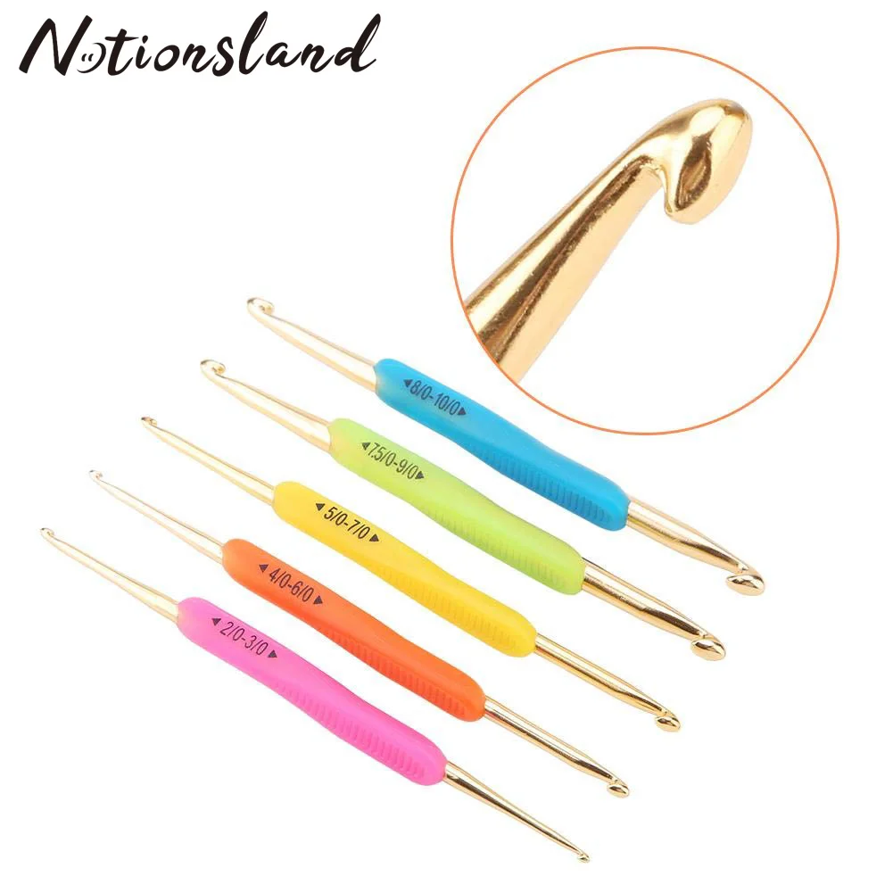 

5Pcs/Set Colored Crochet Hooks Silicone Handle Gold Double Aluminum Knitting Needles DIY Crochet Hook Set 2-10mm