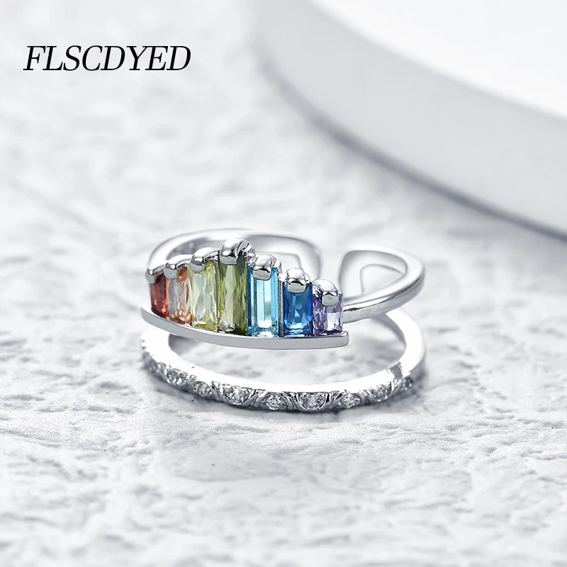 

FLSCDYED Luxury Engagement Double Layer Rings for Women Men Iridescent Crystal Zircon Shiny Finger Rings Wedding Jewelry Gift