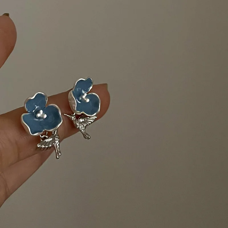 

925 Silver Needle Bird Flower Creative Earrings Korean Ins Versatile Temperament Girl Heart Net Red Tide