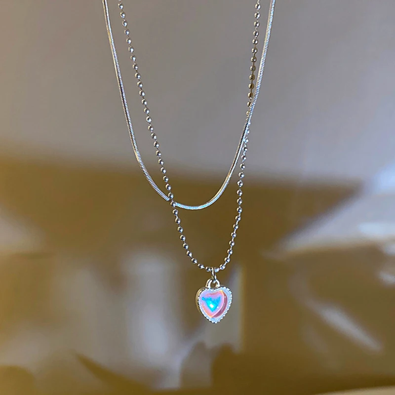 

Trendy Heart Shaped Pendant Necklace for Women Opal Chain Shiny Fashion Jewelry Choker Necklace Party Bijoux Gifts Drop Shipping