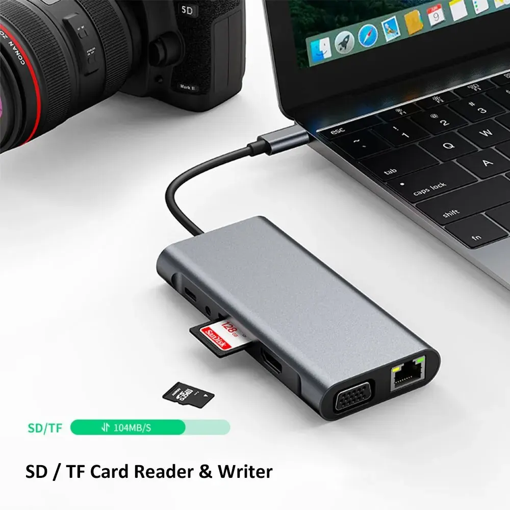 Фото Многофункциональная док-станция 11-в-1 с USB-C, 4K HDMI, Type-C 3.0, адаптером RJ45, концентратор для ноутбуков и аксессуаров №3