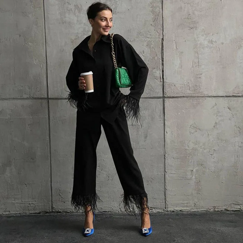 Fashion Feather Spliced Trouser Suits 