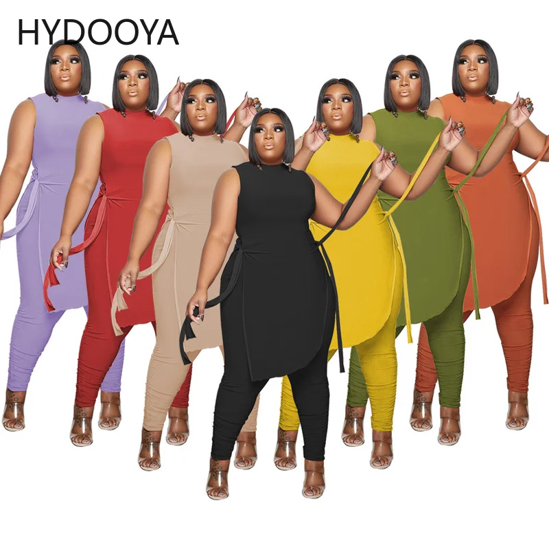 Plus Size Women Clothing Tracksuit Casual Two Piece Sets High Slit Sleeveless Top and Stacked Pencil Pant Dropshipping Wholesale