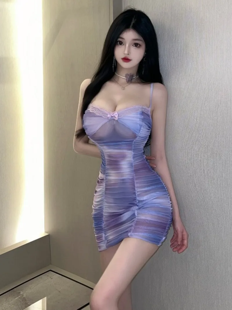 

Halo Staining Sexy Strap Colorful Perspective Mesh Pleated Dress Women Tie Dye Fold Women Wrap Buttocks Backless Sweet 06U4