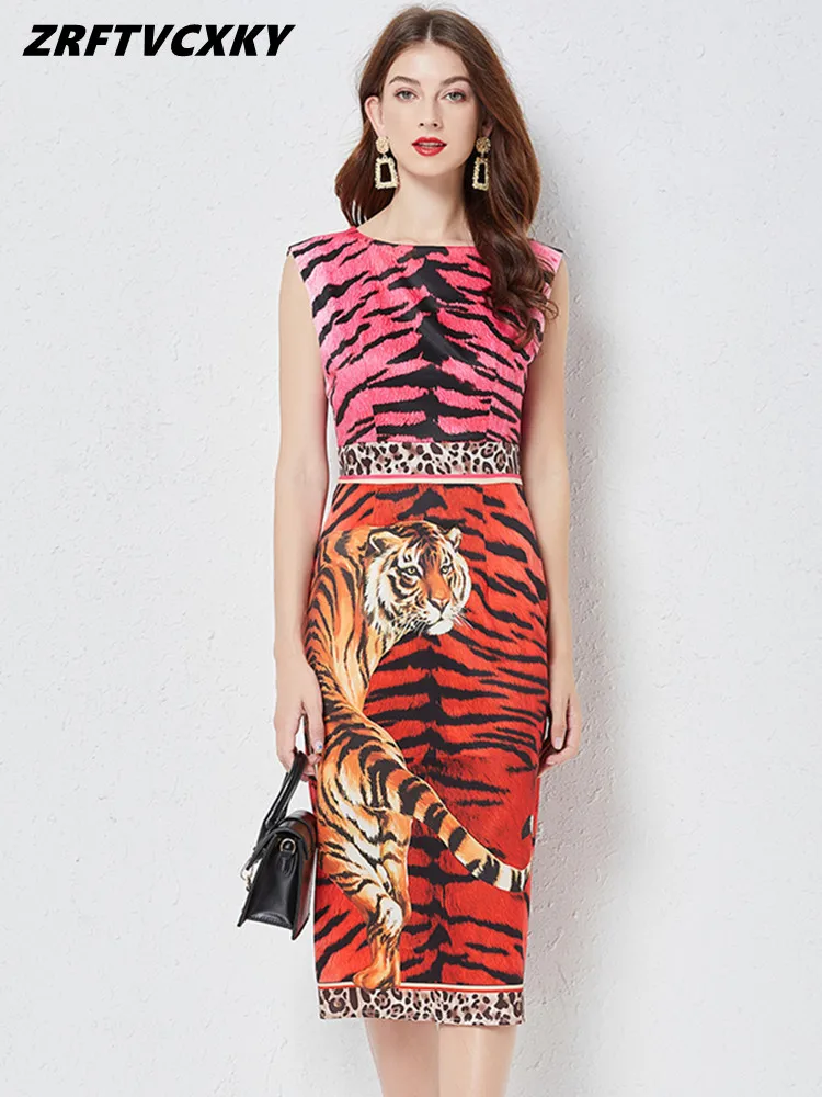 

Женское облегающее платье миди без рукавов, модельное элегантное винтажное праздничное платье с леопардовым принтом тигра, лето
