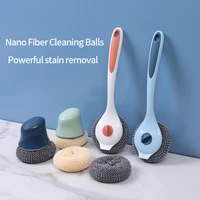 household kitchen with handle cleaning brush can replace cleaning ball long handle steel ball washing pot dishwashing brush