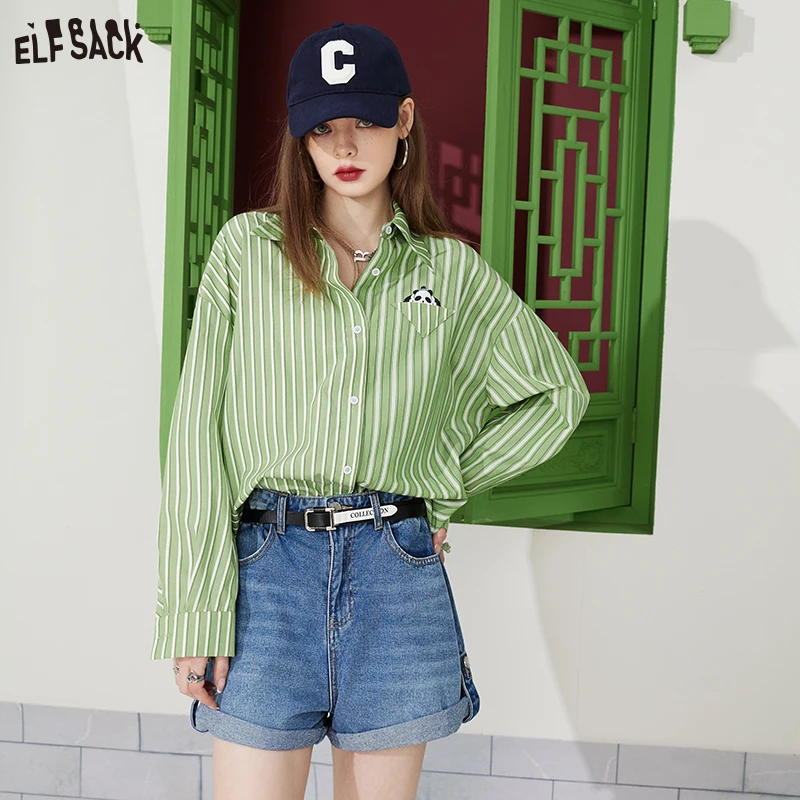 ELFSACK Green Long Sleeve Striped Blouses Women 2023 Spring New Casual Tops