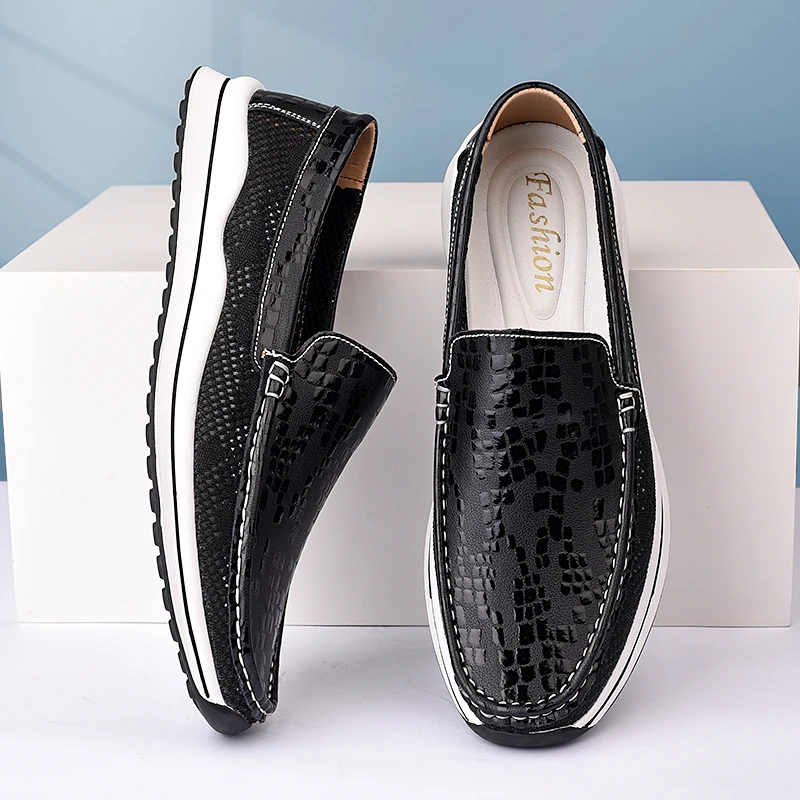

Breathable Men Casual Shoes Genuine Leather Mens Loafers Lightweight Mocasines Slip-On Summer Flats Hollow Out Man Driving Shoes