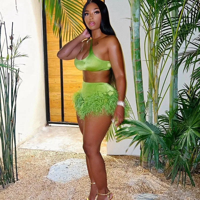 

Sexy Feather Fringe 2 Piece Short Set for Women Party Club Outfits Cut Out Crop Top and Shorts Festival Clothing Matching Sets