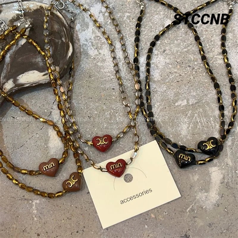 

New Retro Alphabet Black Love Transparent Crystal Beaded Necklace Four Seasons Women Wear Choker Accessories Sweater Chain Gift