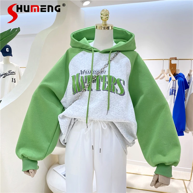 

Korean Style Patchwork Contrast Color Raglan Sleeve Hooded Sweatshirt Women's 2022 Spring Distressed Letters Retro Loose Hoodie