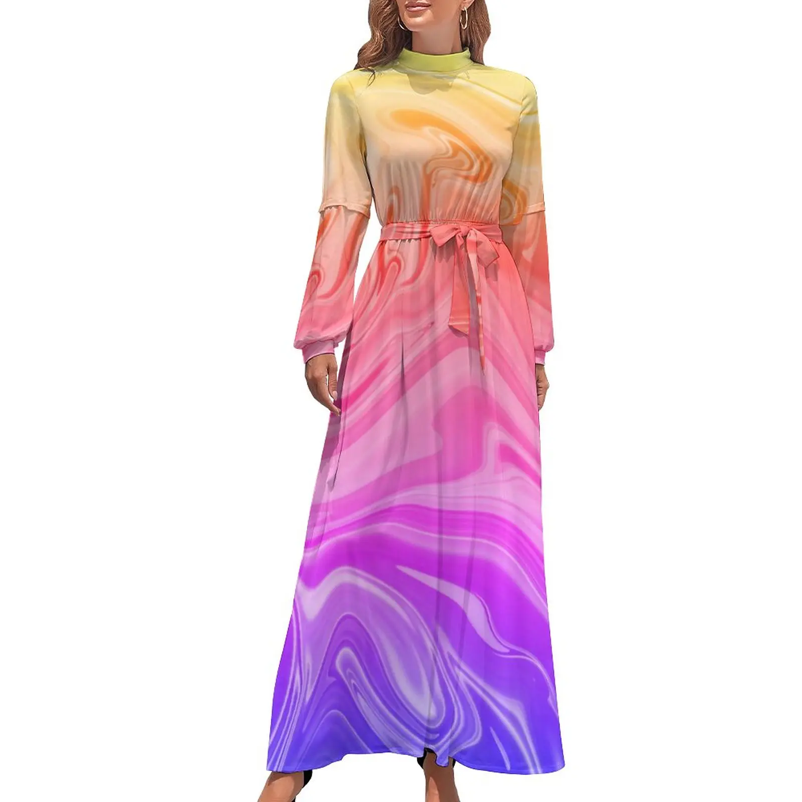 

Синее розовое платье с эффектом омбре, уличное модное пляжное платье с абстрактным градиентным принтом в стиле бохо, Модное Длинное Платье макси с длинным рукавом и высоким воротником