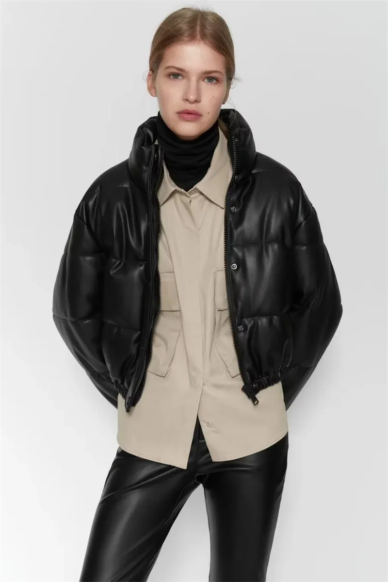 Women's Jacket 2022 Winter New Solid Color Fashion PU Warm Women's Cotton Standing Collar Casual Loose Winter Jacket Korean Coat