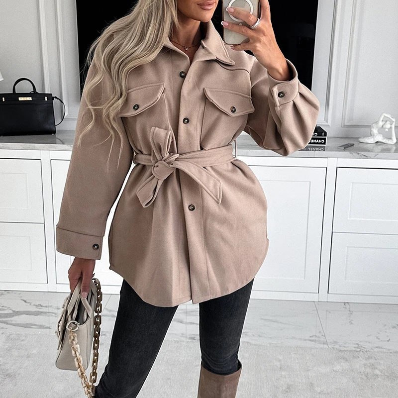 

Fashion Lapel Long Sleeve Woolen Coats Autumn Casual Solid Color Office Jackets Elegant Single Breasted Lace-up Woolen Outwear