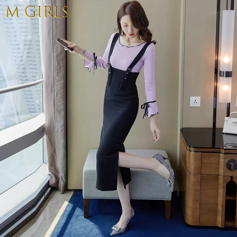 Women Slim Outfits Two Piece Set Autumn New Ladies Office Purple Knitted Sweater Tops + High Waist Strap Split Long Skirt Suit