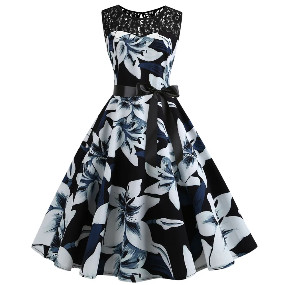 

Summer Women Dress Vintage Slim Hollow Out Printed Dresses Female Elegant V-Neck A-Line Lace Party Dress Vestidos