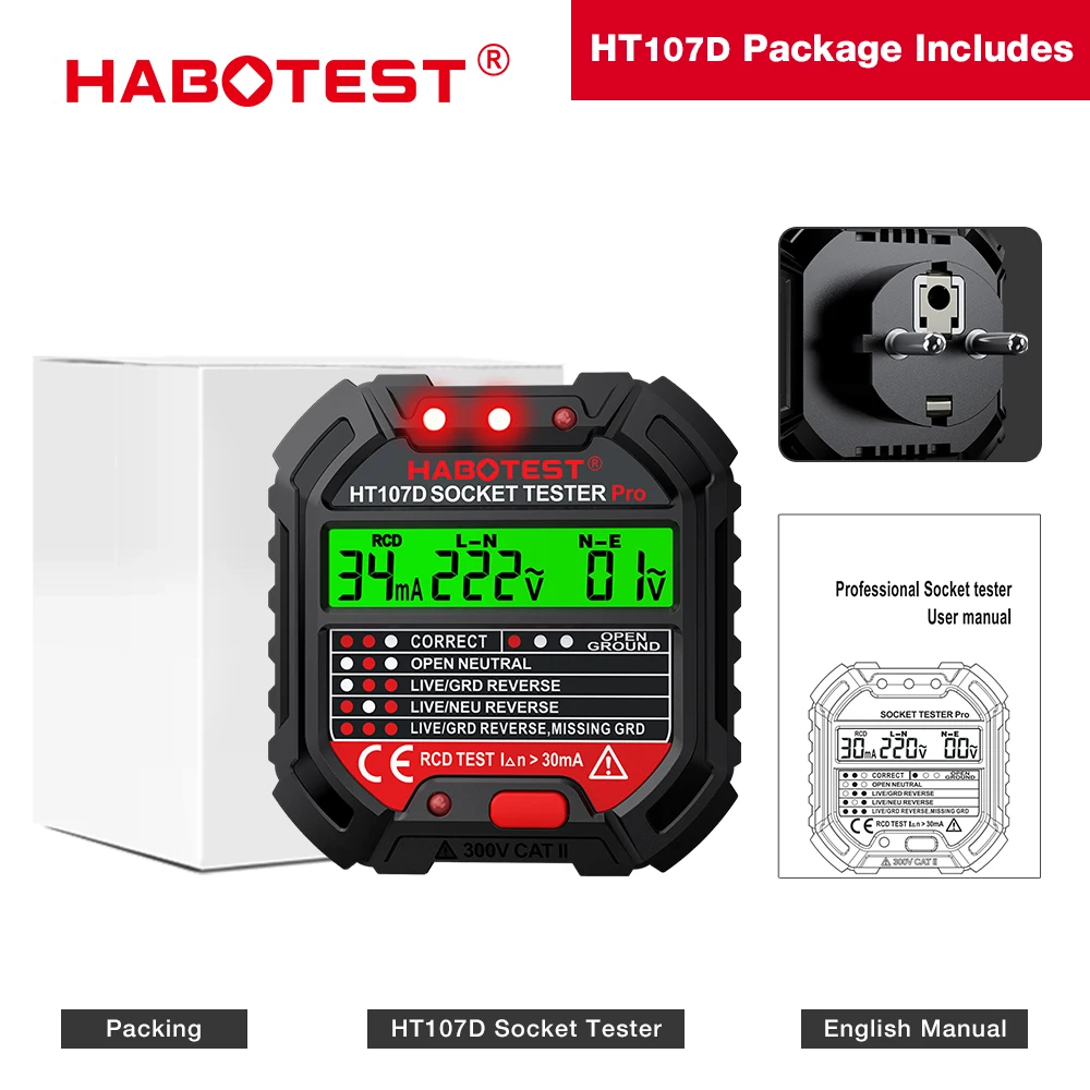 

HABOTEST HT107Pro Тестер розеток Тест напряжения RCD 5/30 мА Детектор розеток Великобритания ЕС США Вилка заземления Нулевая линия Проверка полярности фазы
