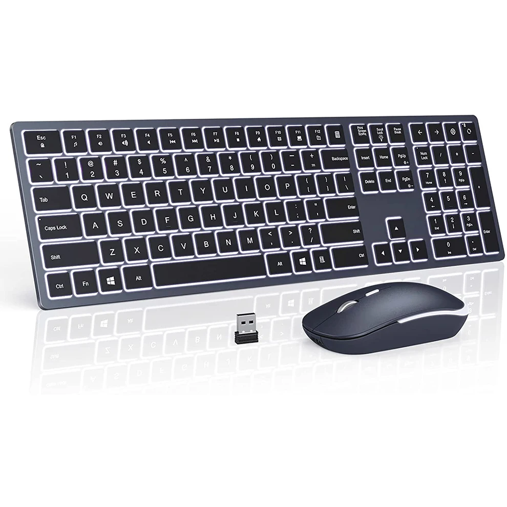 Wireless Backlit Keyboard and Mouse Combo 2.4G USB Silent Keyboard and Mouse Rechargeable Full-Size Slim Keyboard & Mouse Set