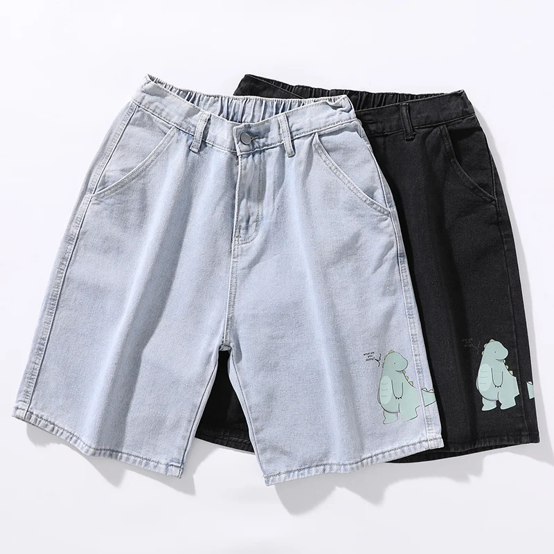 

202 Summer New Men's Printed Fashion Denim Shorts Korean Style Wlastic waist Straight Baggy Short Jeans Male Black Light Blue