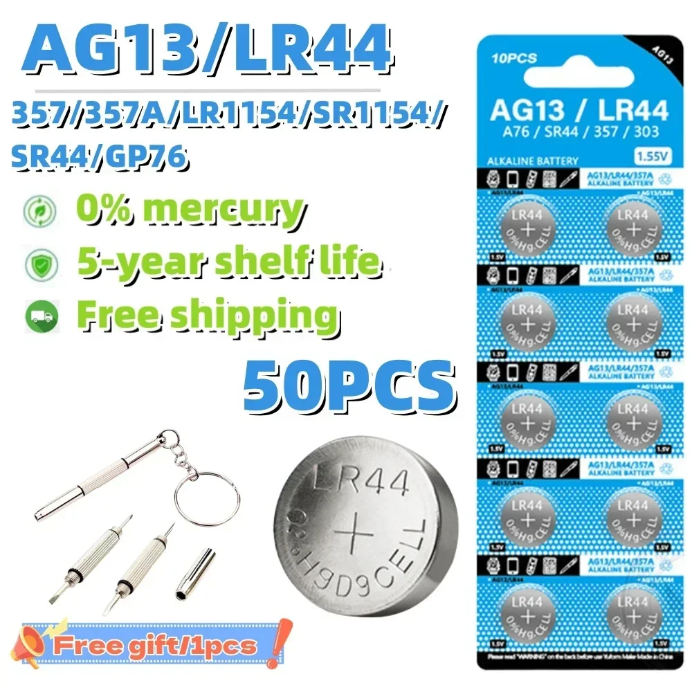 50 шт. AG13 LR44 Cell Coin 1 55 В L1154 RW82 SR1154 SP76 A76 LR1154 GP7 357 SR44 щелочные батарейки-таблетки для