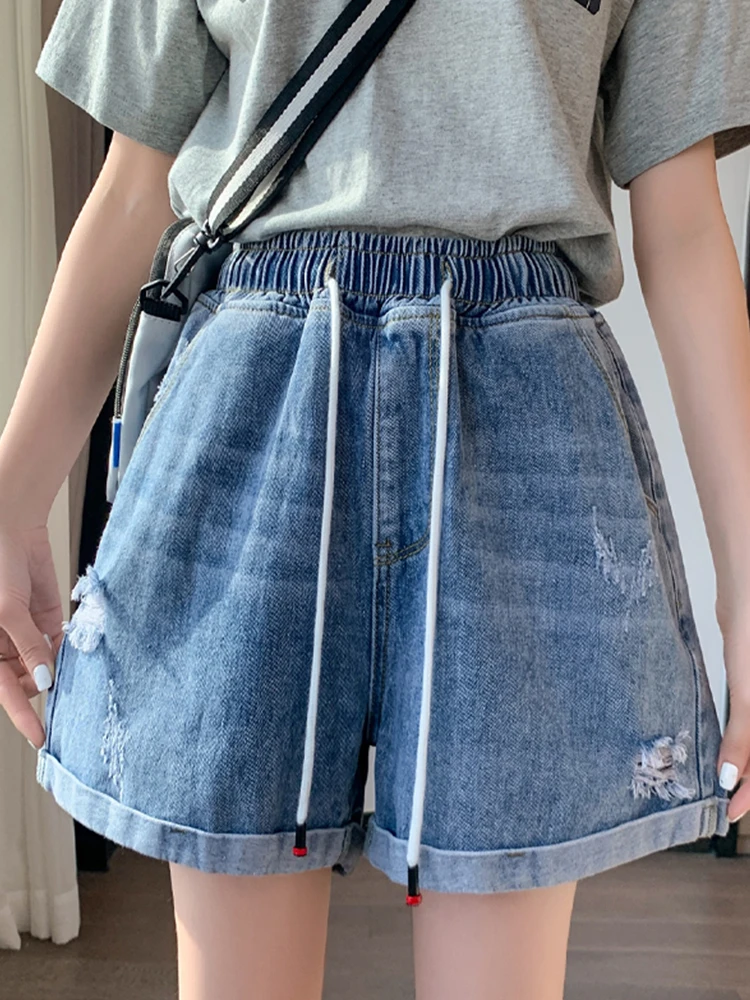 New Summer Women Wide Leg Elastic Waist Lace Up Blue Denim Shorts Streetwear Female Straight Jeans Shorts Bottoms