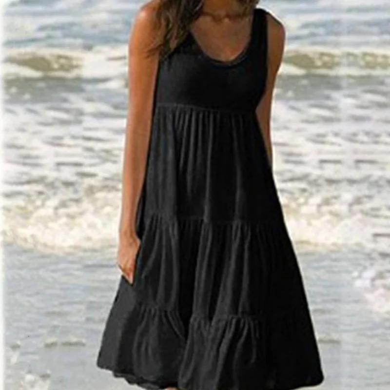 

Women O Neck Sleeveless Ruffles Mini Dress Boho Solid Beach Sundress Oversized Loose Dress 2023 New Summer Dazzling Beach Skirt