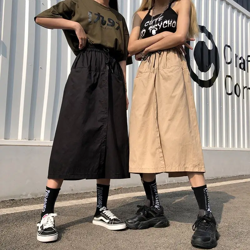 Streetwear Wide Leg Trousers Harajuku Long Skirt Pants Women Elastic Waist Oversized Cargo Pants Woman Summer Female
