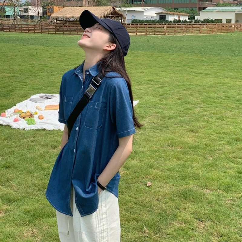 Женская джинсовая рубашка с коротким рукавом Свободный кардиган в стиле ретро |