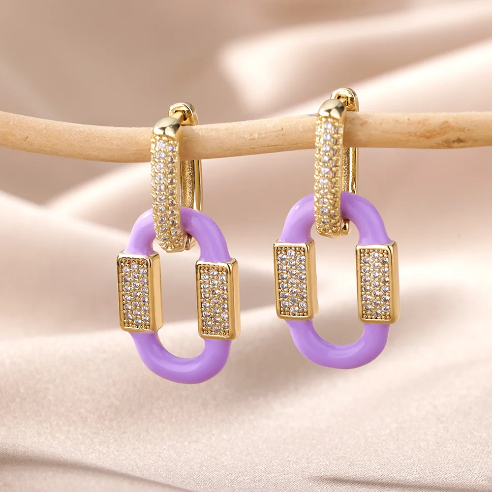 

Luxury Cubic Zirconia Pave Oval Hoop Earrings For Women Stainless Steel Dripping Oil Square Hanging Drop Earrings Trendy Jewelry