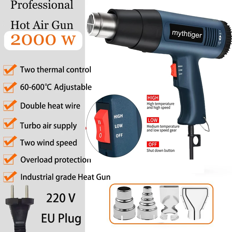 

Professional Heat Gun 2000W Hot Air Gun Industrial Hair dryer Air dryer for soldering Thermal blower Shrink wrapping Tools