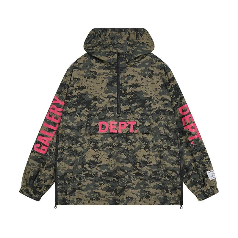 

2024 GALLERY DEPT letter zip embroidered LOGO street autumn and winter camouflage half-zip hooded jacket men and women