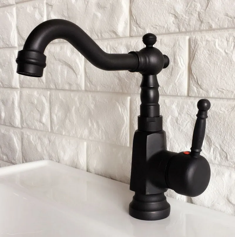 

Black Brass Basin Faucet Deck Mounted Single Handle Bathroom Faucet Swivel Spout Lavatory Sink Hot Cold Mixer Tap