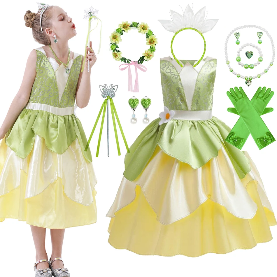 

Tiana Dress Up Princess Girl Cosplay Role Playing Party Costume Children Sleeveless Frock Carnival Princess Frog 2-9T