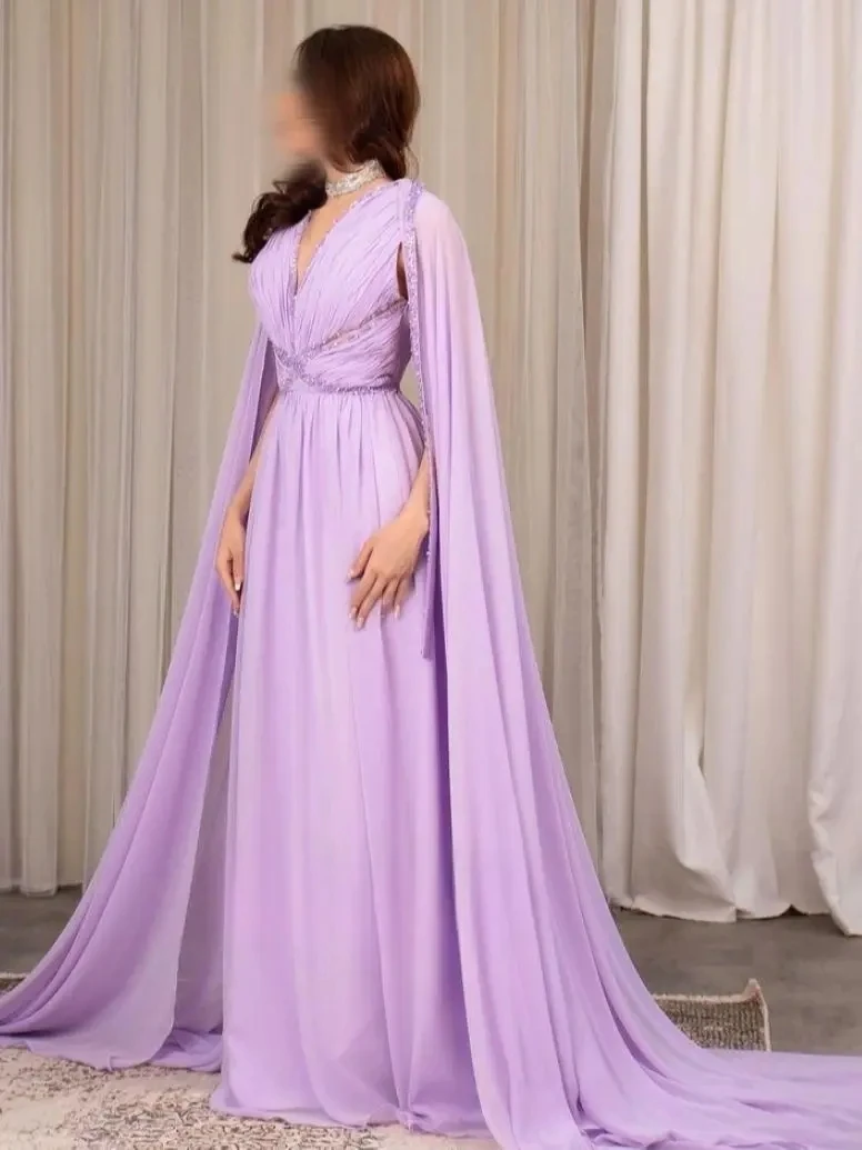 

Purple V-Neck Saudi Arabia Chiffon Beads Sequins Prom Dresses Watteau Train Ruched A-Line Floor Length Formal Evening Dresses