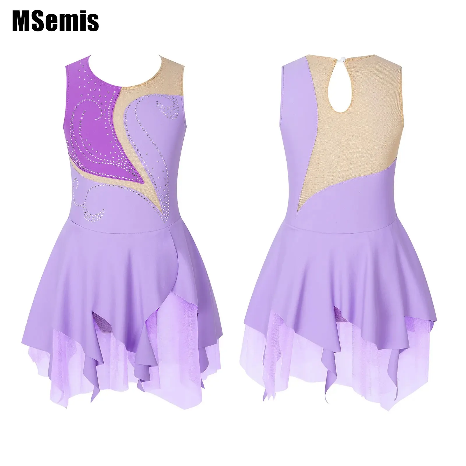 

Kids Girls Stylish Clothing Dance Dress Sleeveless Round Neckline Rhinestone Decorated Patchwork Style Hollow Back Skating Dance