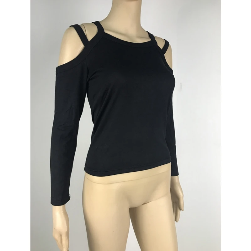 M2EA Women Long Sleeve Cold Shoulder Bandage Slim Fit Knitted Crop Tops Shirt Blouse