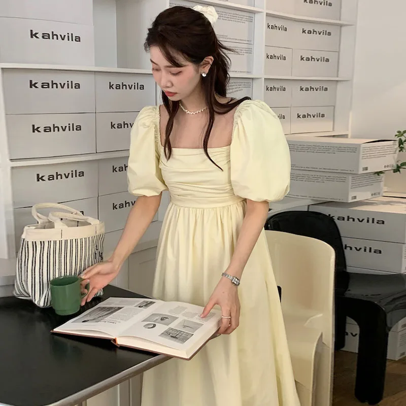 

WDMSNA Puff Sleeve Dresses for Women 2022 Korean Chic Square Neck Vestidos Sweet Temperament Pleated Waist Long Robe Femme