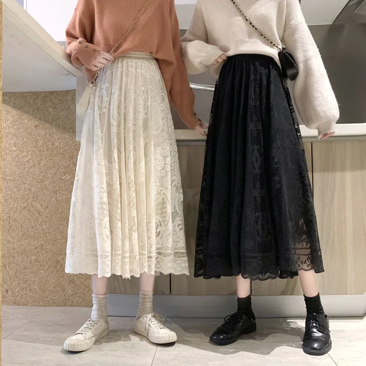 Elegant Elastic High Waist Detailed Lace Skirts Womens Spring Autumn New Korean  Casual A-line Black Long Skirt Female