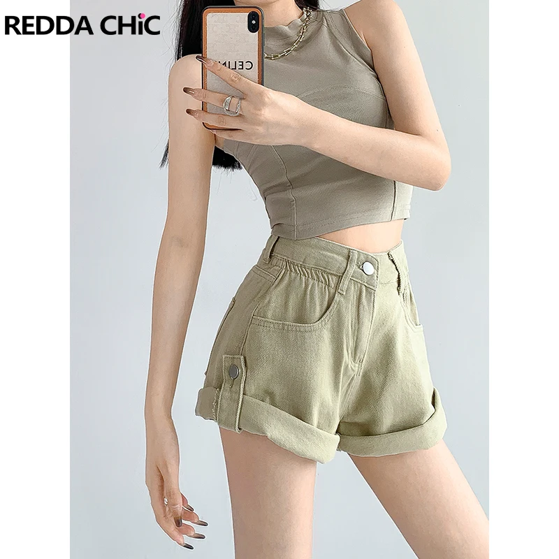 

ReddaChic Plain Khaki Denim Shorts Rolled Edge Harajuku Korean Fashion Basic Baggy Jeans Short Bottoms Women Summer Clothing