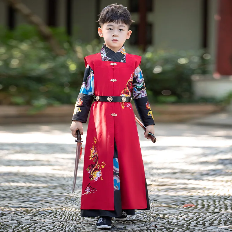 

Сценический костюм с вышивкой дракона ханьфу для мальчиков китайское платье новогодний костюм Тан для мальчиков Детский традиционный костюм в древнем китайском стиле