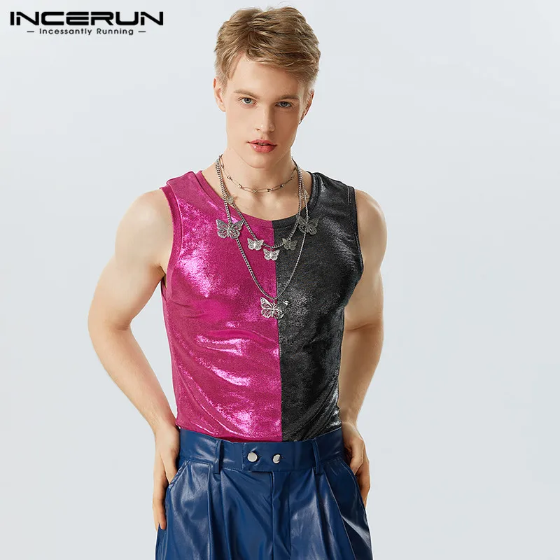 

Men Tank Tops Patchwork Shiny O-neck Streetwear Sleeveless Summer Vests Men 2023 Fashion Casual Party Men Clothing S-5XL INCERUN
