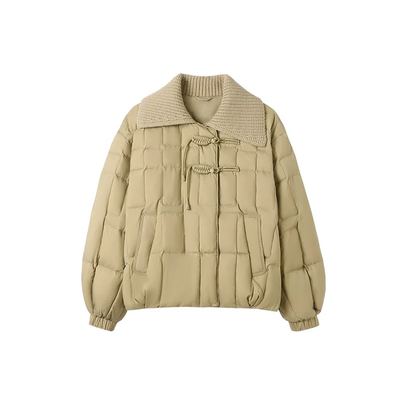Knit Large Lapel Short Down Jacket Women's Winter Vintage Cotton Jacket Double Button Thick Warm White Eiderdown Jacket