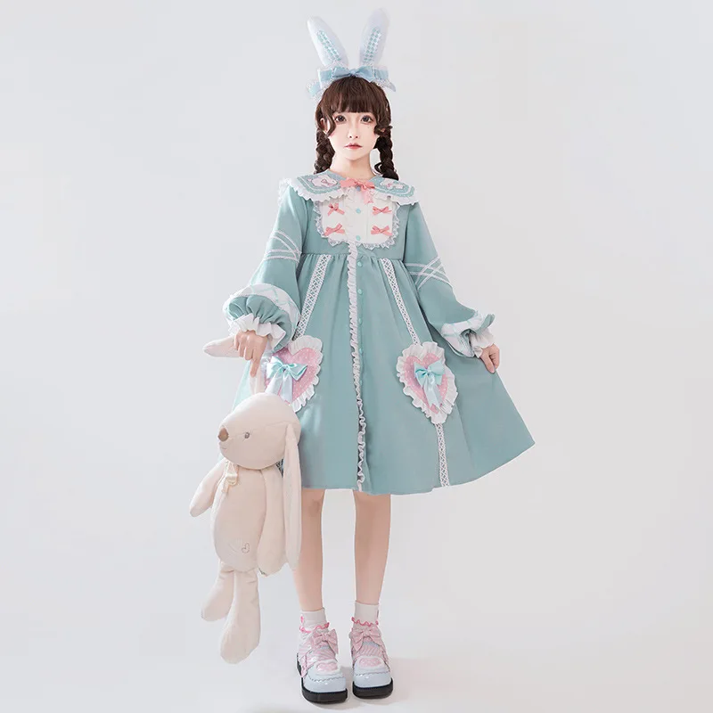 

Милая Лолита Op, прекрасная однотонная осенне-зимняя японская Милая принцесса с длинными рукавами-фонариками, воротник Питер Пэн, милая девочка