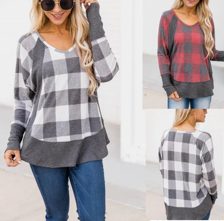 

Spring 2022 Women's Christmas Plaid Tees Print Colorblock Waffle Long-sleeved T-shirt Loose Casual Top O-Neck Women T Shirt